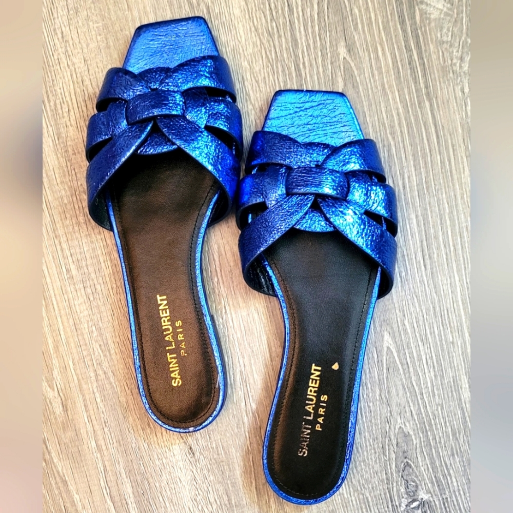 Saint LaurentBlue Tribute New Ysl Nu Pieds Leather Flat Slides SandalsSize:37